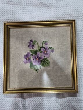 The Fyda Studio Vintage Framed Crewel Embroidery Purple Violets Cottagecore